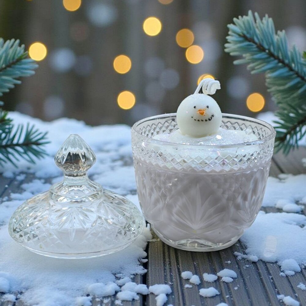 Hand Crafted Gingerbread Snowman Soy Candle Vintage Glass Lidded Candy Dish NWT - Picture 2 of 12
